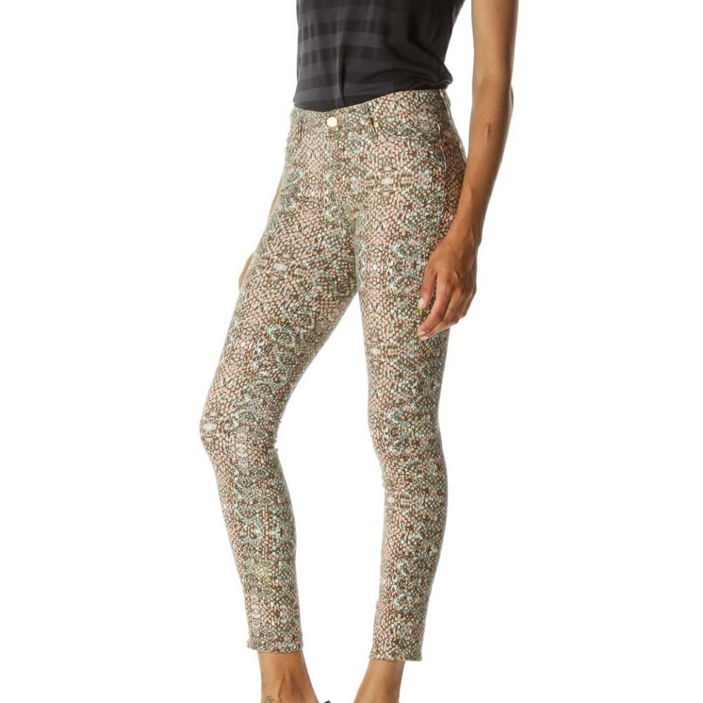 7 For All Mankind Beige Pink Green Snake Print Tapered Pants - Picture 2 of 6